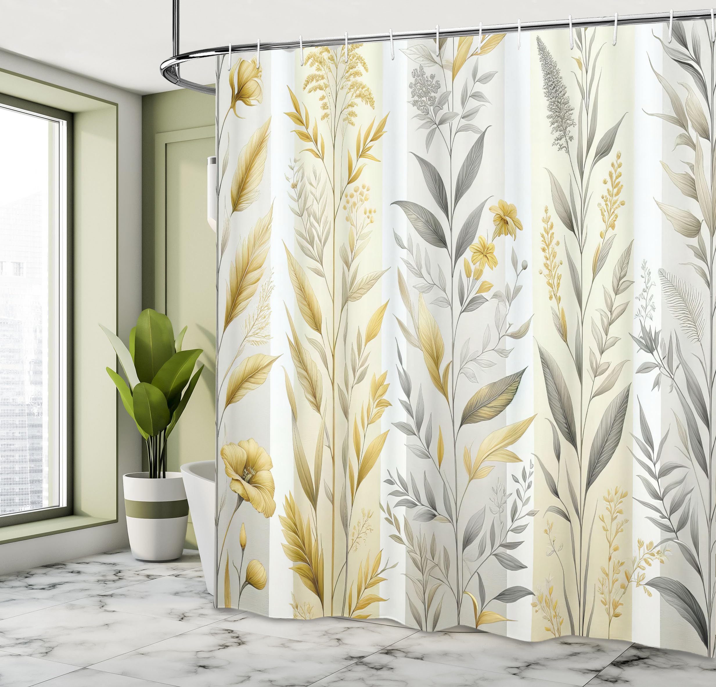 Ambesonne Yellow Shower Curtain, Modern Farmhouse Concept Floral Leaves Composition With Striped Details, Cloth Fabric Bathroom